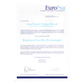 EuroPsy (European Certificate in Psychology). Jose Daniel OrtegaMoral meets the requirements to be called Registered EuroPsy Psychologist